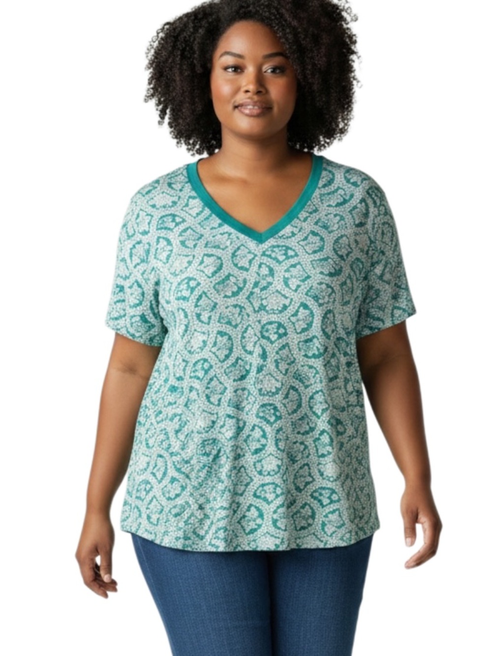 Lane Bryant Teal Patterned V-Neck Short Sleeve Top